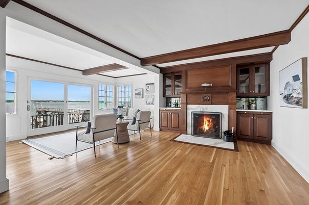 Fireplace, Interior, Living room, Water, Wooden Beams, Wood Texture Flooring