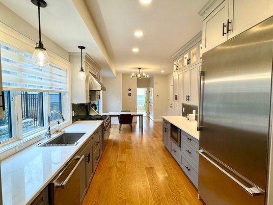 Interior, Kitchen, Pendant Lights, Recessed Lighting, Stainless Steel Appliances, Wood Texture Flooring