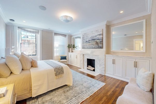 Bedroom, Fireplace, Interior, Recessed Lighting, Wood Texture Flooring