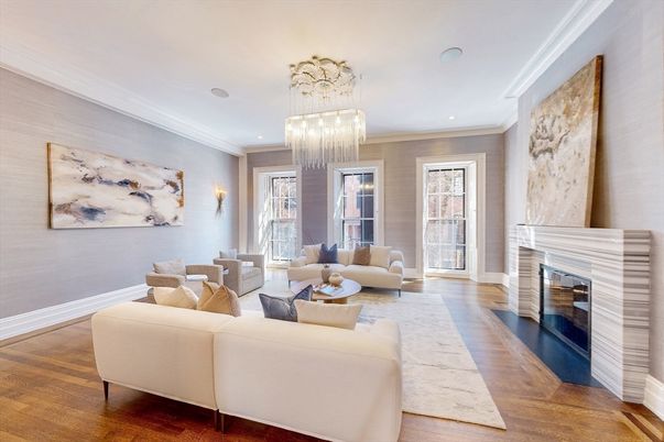 Chandelier, Fireplace, Interior, Living room, Recessed Lighting, Wood Texture Flooring