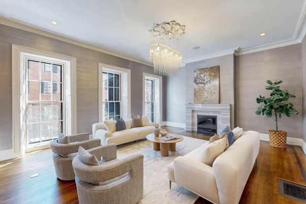 Chandelier, Fireplace, Interior, Living room, Recessed Lighting, Wood Texture Flooring