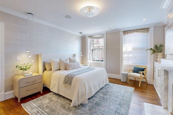 Bedroom, Interior, Pendant Lights, Recessed Lighting, Wood Texture Flooring