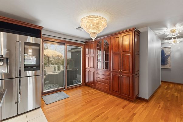 Chandelier, Interior, Kitchen, Stainless Steel Appliances, Wood Texture Flooring