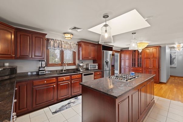 Chandelier, Interior, Kitchen, Pendant Lights, Stainless Steel Appliances, Wood Texture Flooring