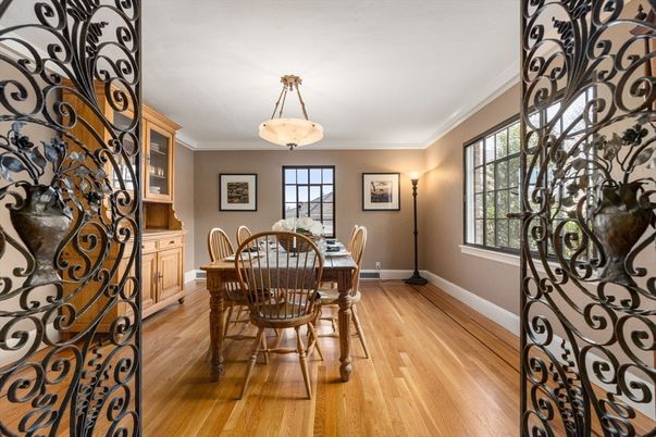 Dining room, Interior, Pendant Lights, Wood Texture Flooring