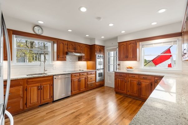 Interior, Kitchen, Recessed Lighting, Stainless Steel Appliances, Wood Texture Flooring