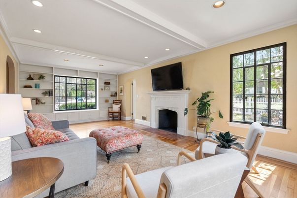 Fireplace, Interior, Living room, Recessed Lighting, Wood Texture Flooring