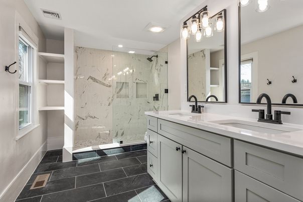 Bathroom, Dual Sink Vanities, Glass Shower, Interior, Marble Walls, Recessed Lighting