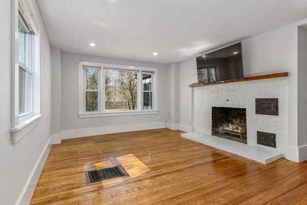 Empty room, Fireplace, Interior, Recessed Lighting, Wood Texture Flooring