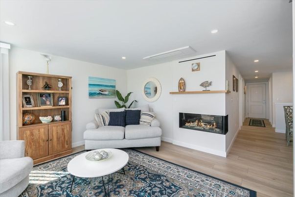 Fireplace, Interior, Living room, Recessed Lighting, Wood Texture Flooring