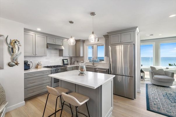 Interior, Kitchen, Pendant Lights, Recessed Lighting, Stainless Steel Appliances, Water, Wood Texture Flooring