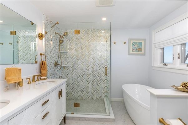 Bathroom, Dual Sink Vanities, Free Standing Baths, Glass Shower, Interior, Marble, Recessed Lighting
