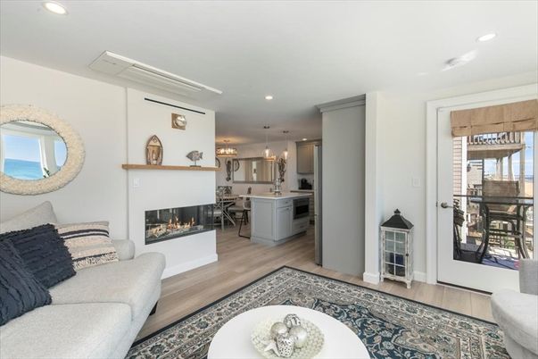 Fireplace, Interior, Kitchen, Living room, Pendant Lights, Recessed Lighting, Wood Texture Flooring