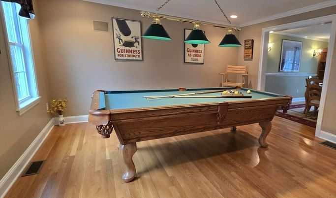 Billiard Table, Game Room, Interior, Recessed Lighting, Wood Texture Flooring