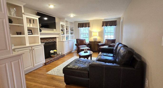 Fireplace, Interior, Living room, Recessed Lighting, Wood Texture Flooring