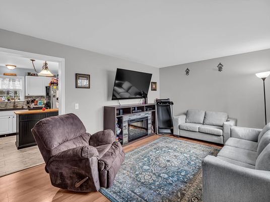 Fireplace, Interior, Kitchen, Living room, Pendant Lights, Wood Texture Flooring