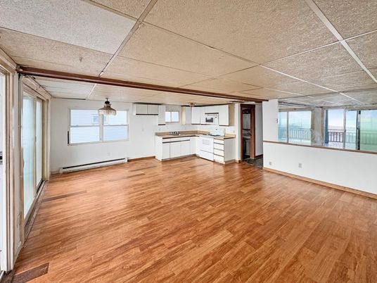 Empty room, Interior, Kitchen, Pendant Lights, Wood Texture Flooring