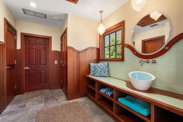 Bathroom, Dual Sink Vanities, Free Standing Baths, Interior, Pendant Lights, Recessed Lighting