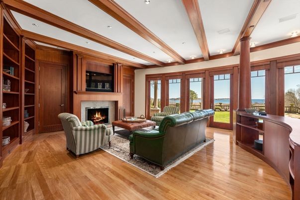 Fireplace, Interior, Living room, Recessed Lighting, Water, Wooden Beams, Wood Texture Flooring