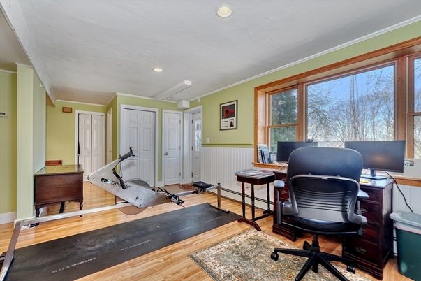 Fitness Equipment, Home Office, Interior, Recessed Lighting, Wood Texture Flooring