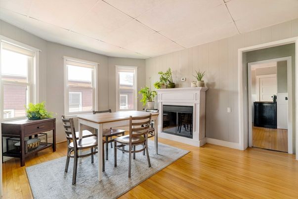 Dining room, Fireplace, Interior, Wood Texture Flooring