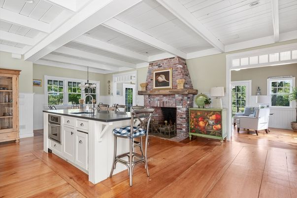Fireplace, Interior, Kitchen, Living room, Stone Walls, Wood Texture Flooring