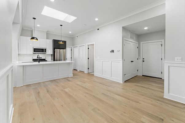 Interior, Kitchen, Pendant Lights, Recessed Lighting, Stainless Steel Appliances, Wood Texture Flooring