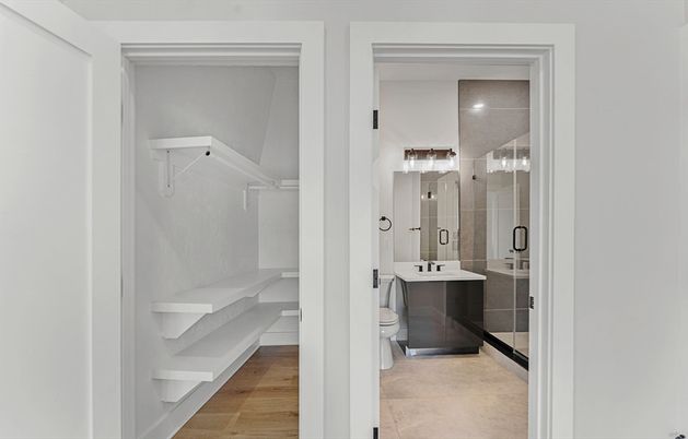 Bathroom, Glass Shower, Interior, Wood Texture Flooring