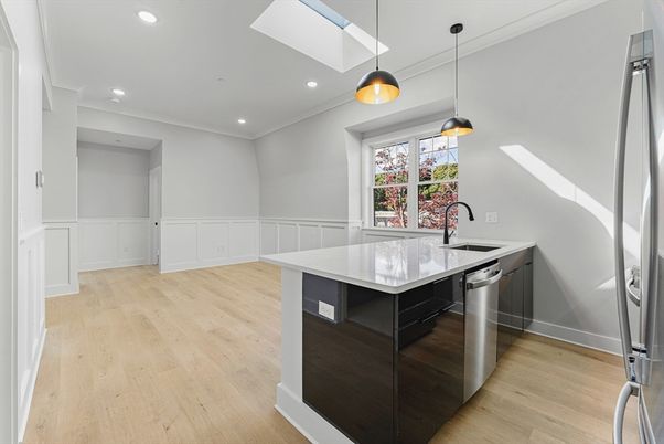 Interior, Kitchen, Pendant Lights, Recessed Lighting, Wood Texture Flooring