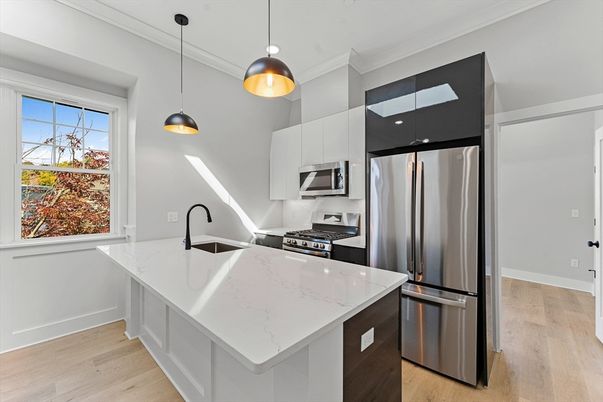 Interior, Kitchen, Pendant Lights, Recessed Lighting, Stainless Steel Appliances, Wood Texture Flooring