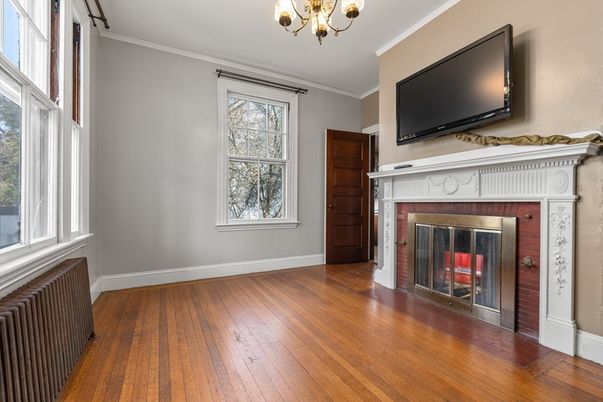 Chandelier, Empty room, Fireplace, Interior, Wood Texture Flooring