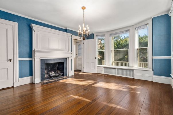 Chandelier, Empty room, Fireplace, Interior, Wood Texture Flooring