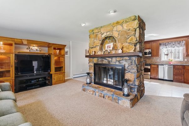 Fireplace, Interior, Kitchen, Recessed Lighting, Stone Walls