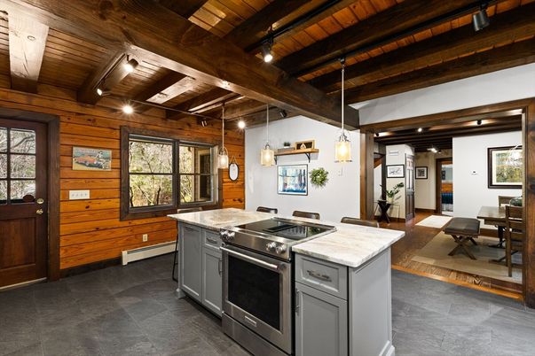 Interior, Kitchen, Pendant Lights, Stainless Steel Appliances, Wooden Beams, Wooden Ceilings, Wooden Walls