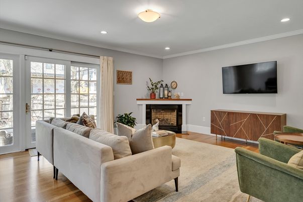 Fireplace, Interior, Living room, Recessed Lighting, Wood Texture Flooring