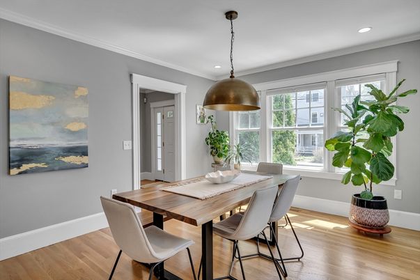 Dining room, Interior, Pendant Lights, Recessed Lighting, Wood Texture Flooring