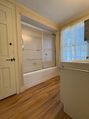 Bathroom, Glass Shower, Interior, Wood Texture Flooring