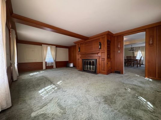 Dining room, Empty room, Fireplace, Interior, Wooden Beams, Wooden Walls
