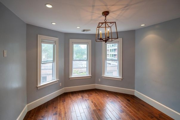 Empty room, Interior, Pendant Lights, Recessed Lighting, Wood Texture Flooring