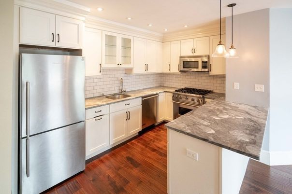 Interior, Kitchen, Pendant Lights, Recessed Lighting, Stainless Steel Appliances, Wood Texture Flooring