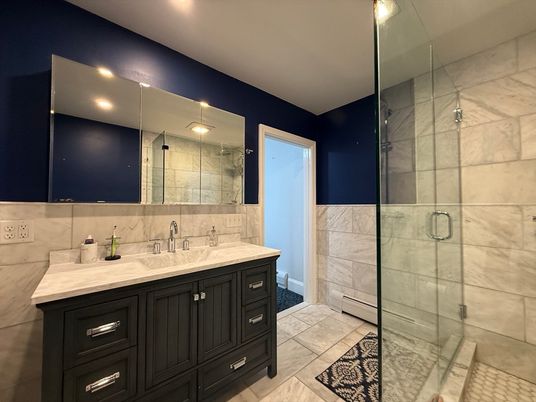 Bathroom, Glass Shower, Interior, Marble Walls, Recessed Lighting