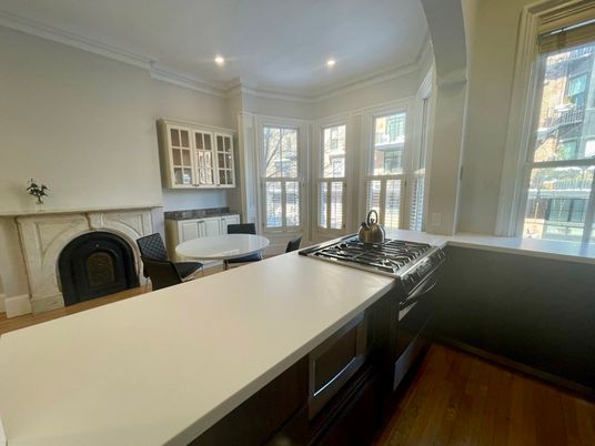 Dining room, Fireplace, Interior, Kitchen, Recessed Lighting, Wood Texture Flooring