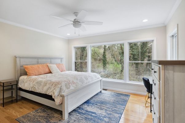 Bedroom, Interior, Recessed Lighting, Wood Texture Flooring