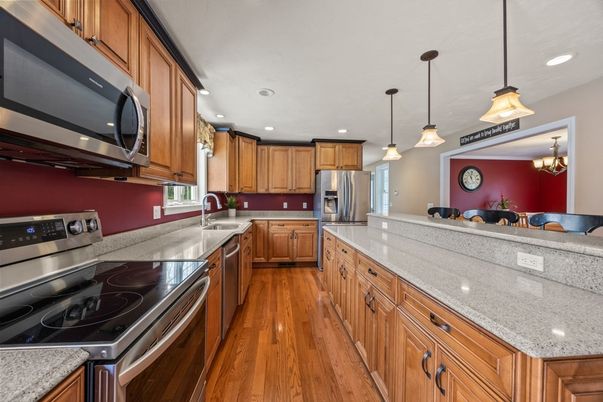 Interior, Kitchen, Pendant Lights, Recessed Lighting, Stainless Steel Appliances, Wood Texture Flooring