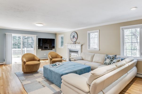Fireplace, Interior, Living room, Recessed Lighting, Wood Texture Flooring