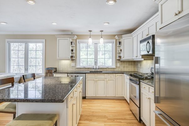 Interior, Kitchen, Pendant Lights, Recessed Lighting, Stainless Steel Appliances, Wood Texture Flooring