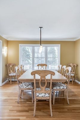 Dining room, Interior, Pendant Lights, Wood Texture Flooring