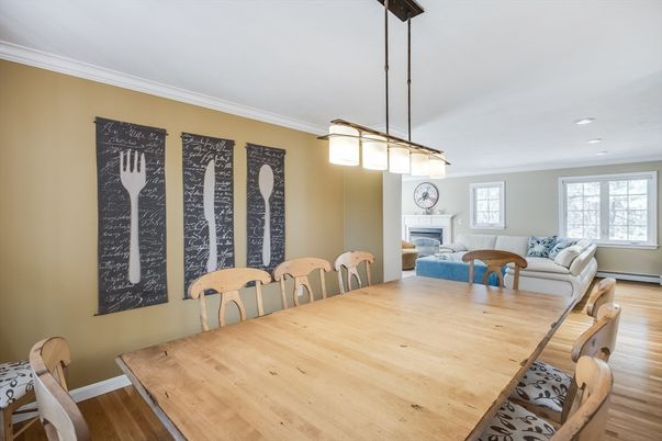 Dining room, Fireplace, Interior, Living room, Pendant Lights, Recessed Lighting, Wood Texture Flooring