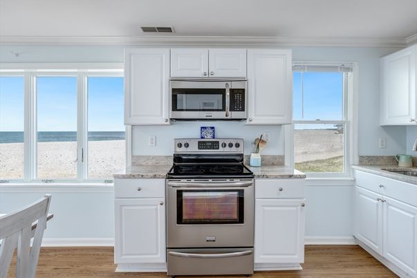 Interior, Kitchen, Stainless Steel Appliances, Water, Wood Texture Flooring