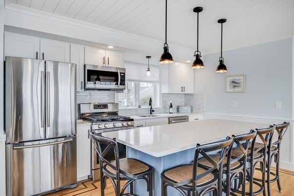 Interior, Kitchen, Pendant Lights, Recessed Lighting, Stainless Steel Appliances, Wood Texture Flooring